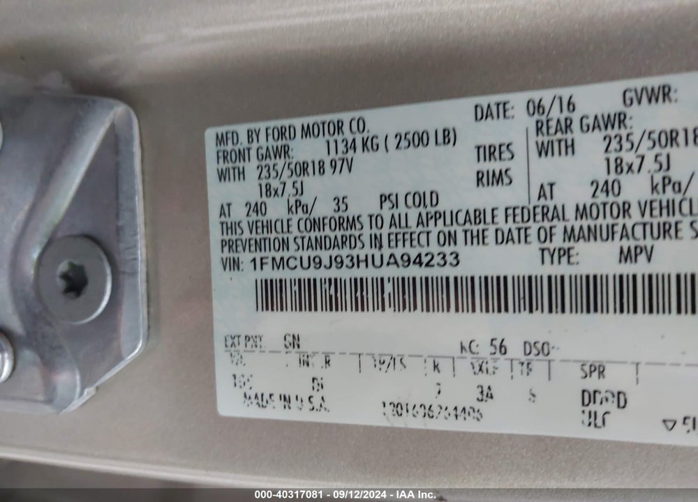 2017 FORD ESCAPE TITANIUM VIN: 1FMCU9J93HUA94233