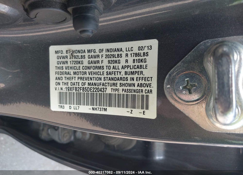 2013 HONDA CIVIC EX VIN: 19XFB2F85DE220437