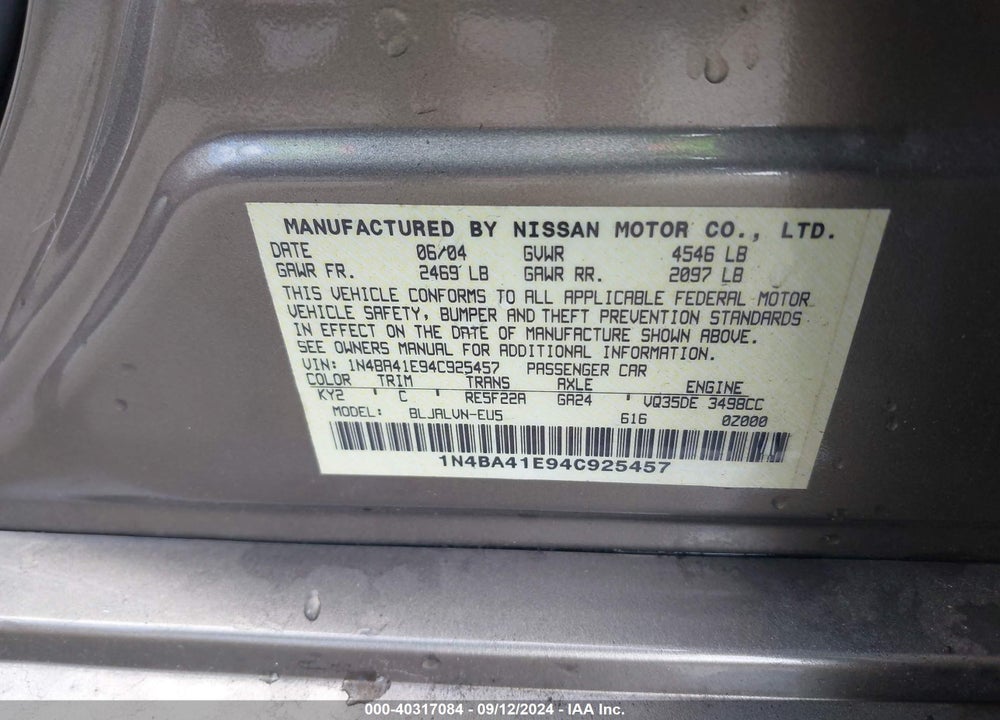 2004 NISSAN MAXIMA 3.5 SL VIN: 1N4BA41E94C925457