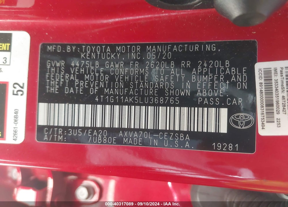 2020 TOYOTA CAMRY SE VIN: 4T1G11AK5LU368765