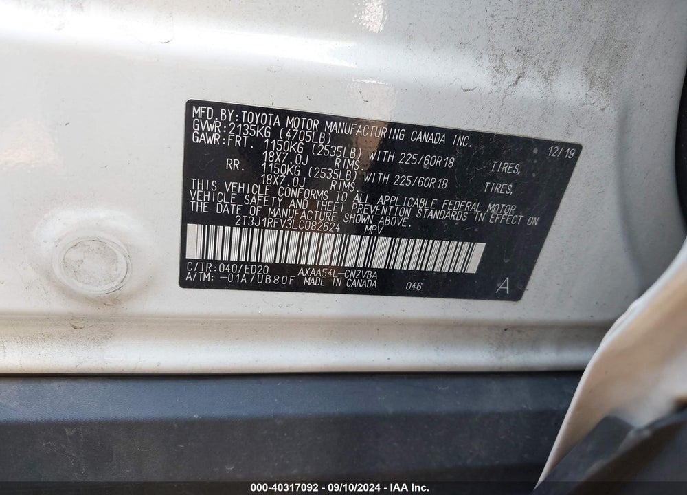 2020 TOYOTA RAV4 TRD OFF ROAD VIN: 2T3J1RFV3LC082624