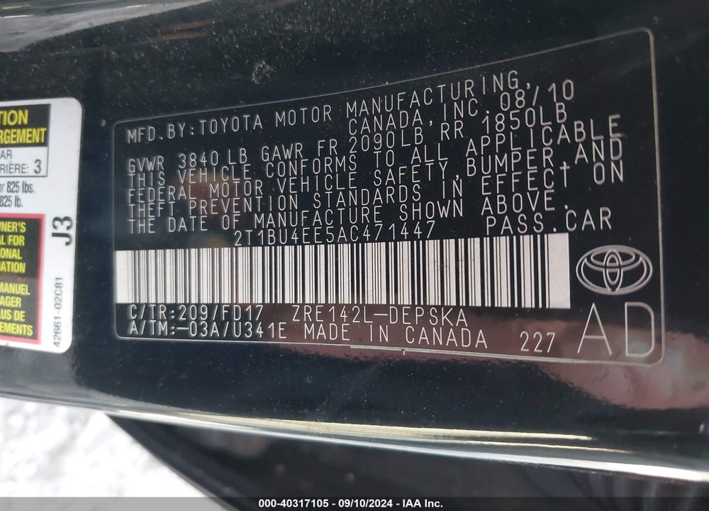 2010 TOYOTA COROLLA S VIN: 2T1BU4EE5AC471447