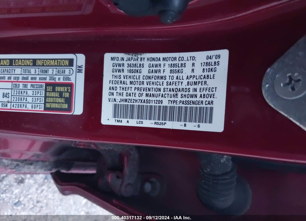 2010 HONDA INSIGHT EX VIN: JHMZE2H7XAS011209