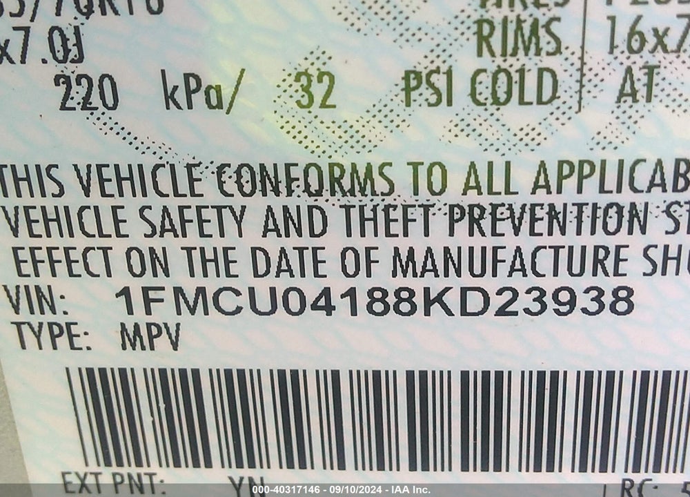 2008 FORD ESCAPE LIMITED VIN: 1FMCU04188KD23938
