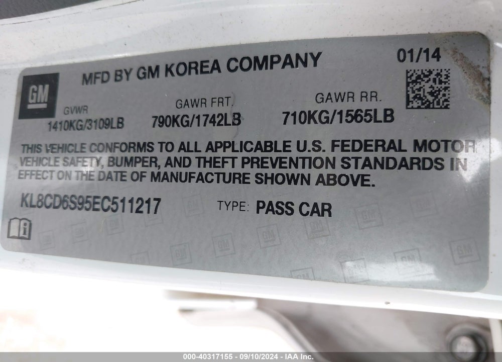 2014 CHEVROLET SPARK 1LT AUTO VIN: KL8CD6S95EC511217