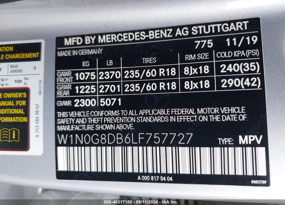 2020 MERCEDES-BENZ GLC 300 VIN: W1N0G8DB6LF757727