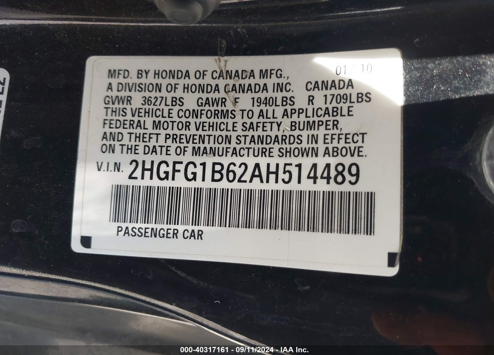 2010 HONDA CIVIC LX VIN: 2HGFG1B62AH514489