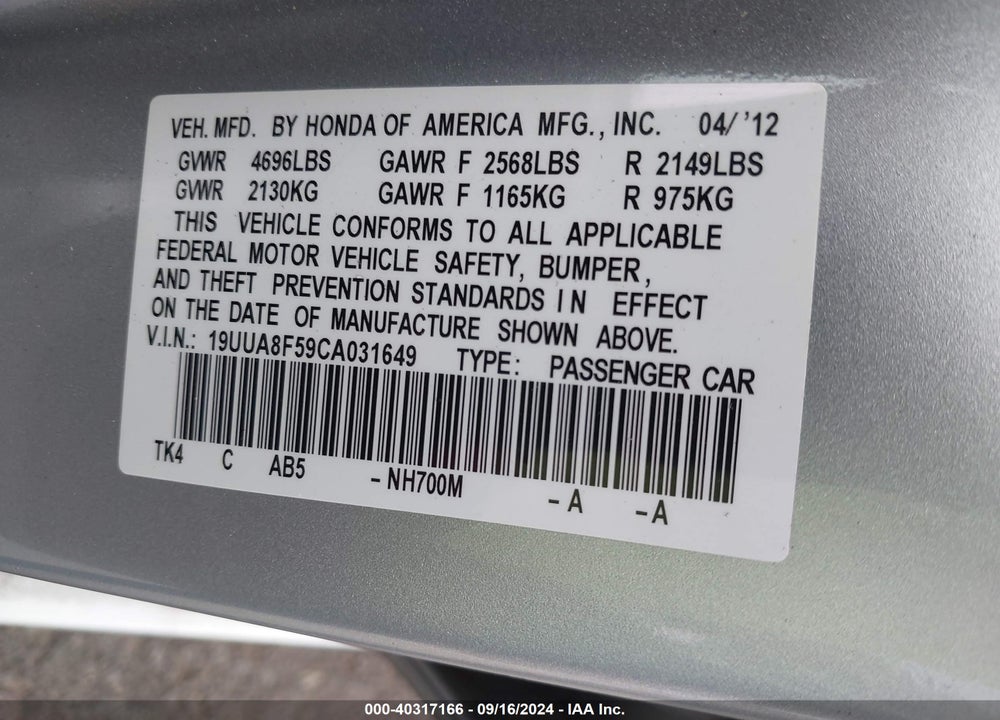 2012 ACURA TL 3.5 VIN: 19UUA8F59CA031649