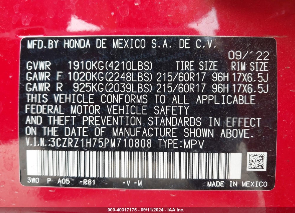 2023 HONDA HR-V 2WD EX-L VIN: 3CZRZ1H75PM710808