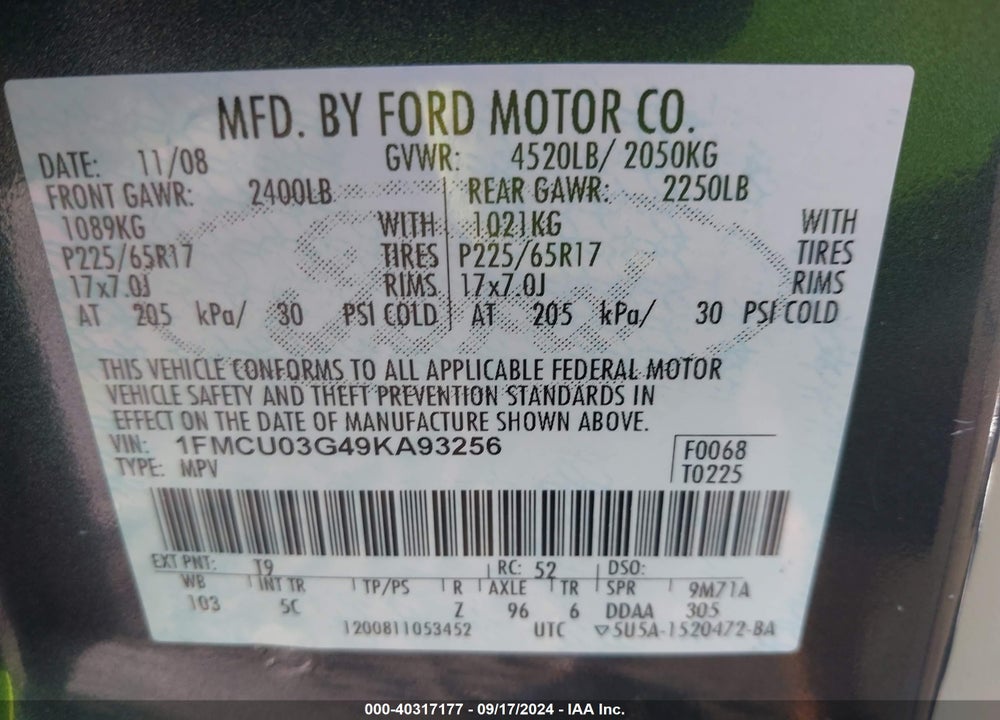 2009 FORD ESCAPE XLT VIN: 1FMCU03G49KA93256
