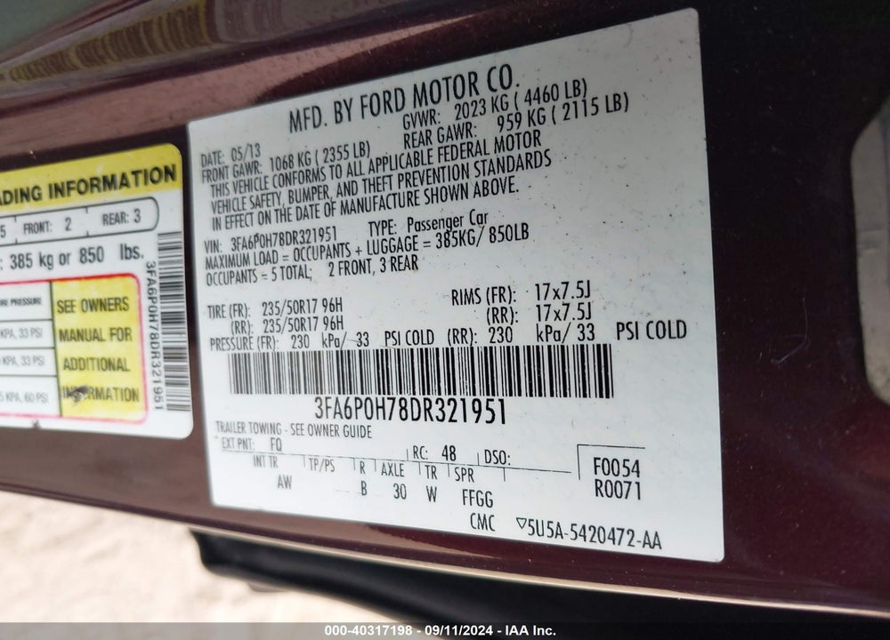 2013 FORD FUSION SE VIN: 3FA6P0H78DR321951