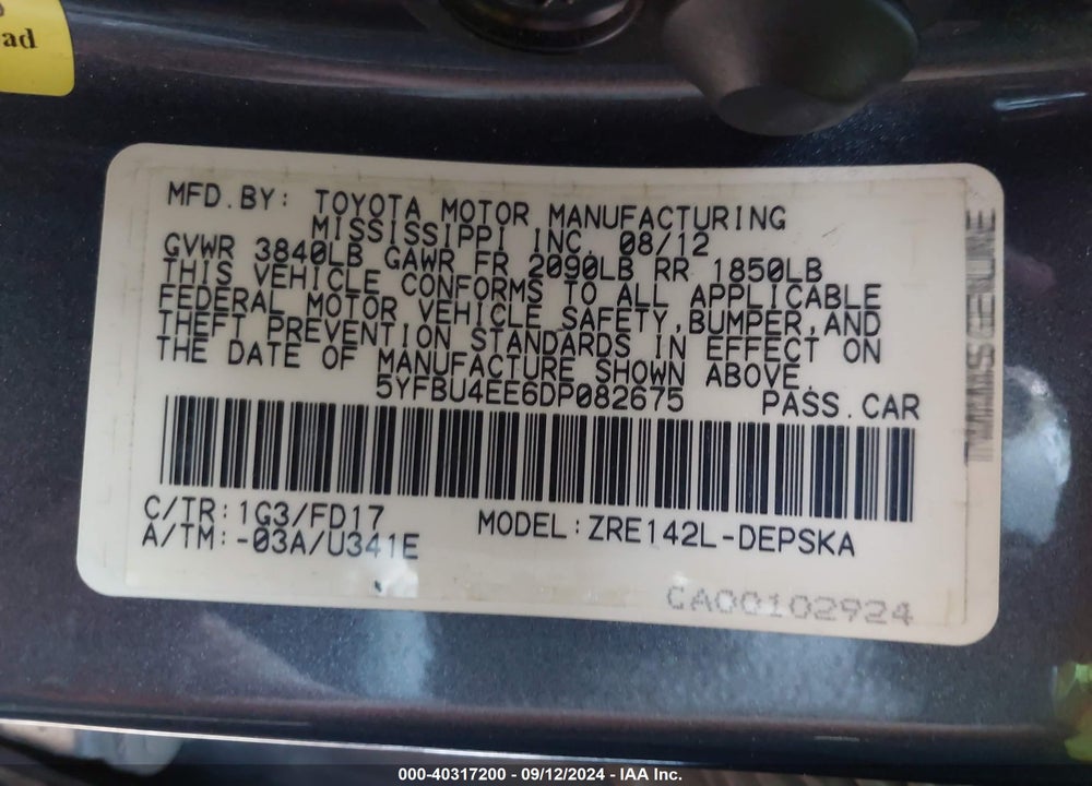 2013 TOYOTA COROLLA S VIN: 5YFBU4EE6DP082675