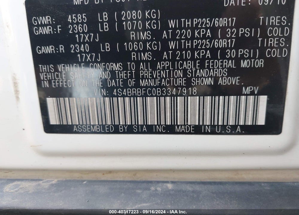 2011 SUBARU OUTBACK 2.5I PREMIUM VIN: 4S4BRBFC0B3347918