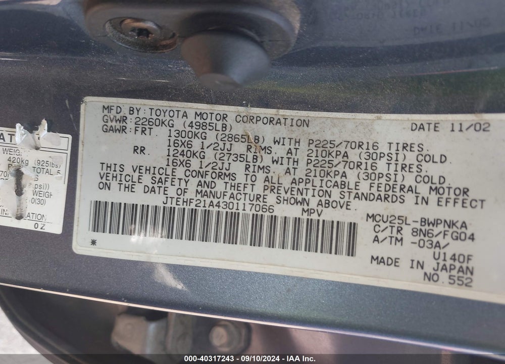 2003 TOYOTA HIGHLANDER V6 VIN: JTEHF21A430117066