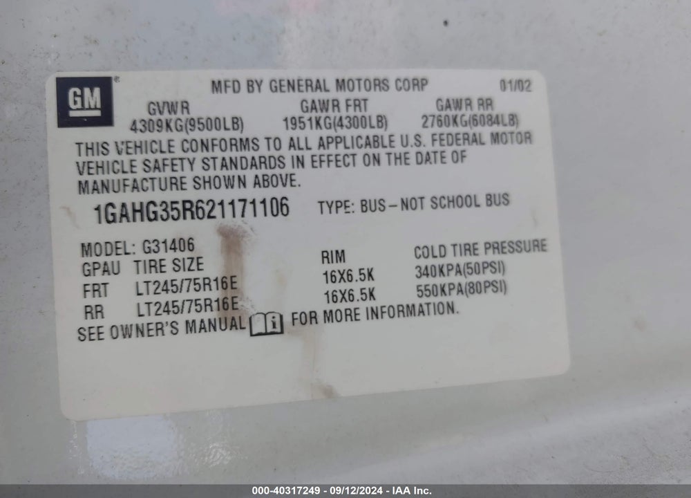 2002 CHEVROLET EXPRESS VIN: 1GAHG35R621171106