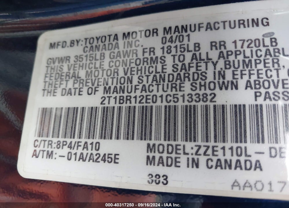 2001 TOYOTA COROLLA LE VIN: 2T1BR12E01C513382