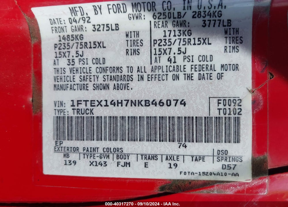 1992 FORD F150 VIN: 1FTEX14H7NKB46074