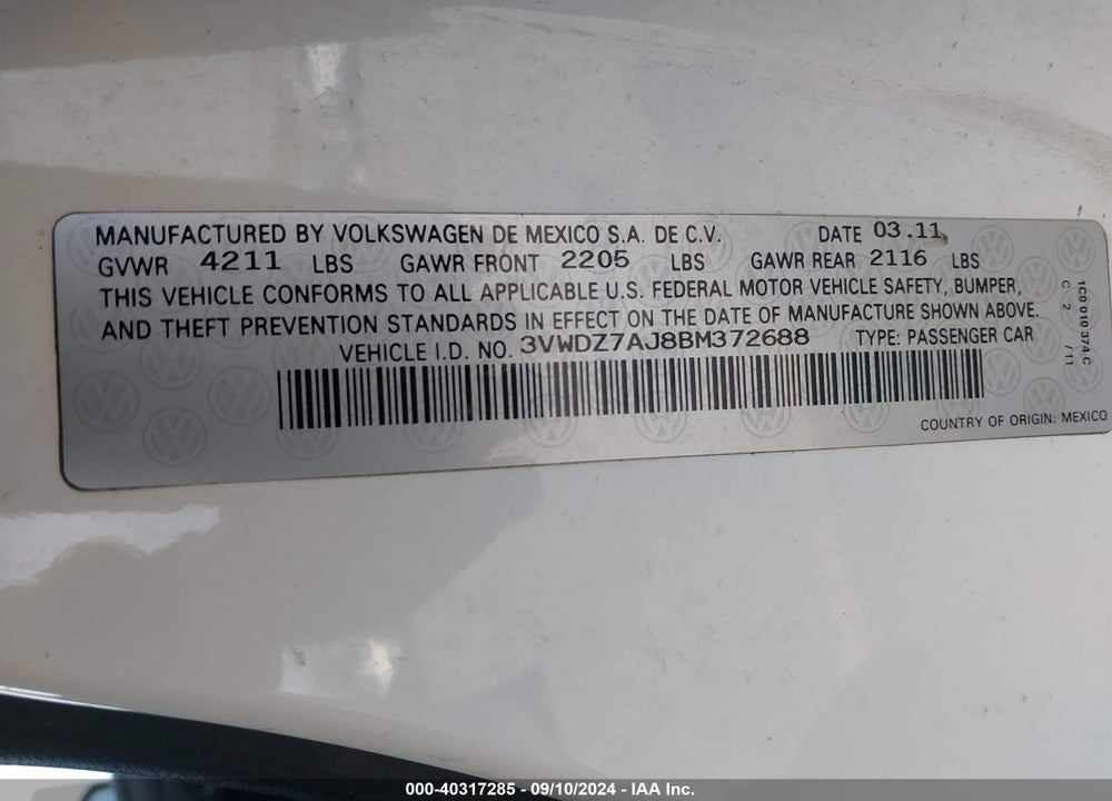 2011 VOLKSWAGEN JETTA 2.5L SE VIN: 3VWDZ7AJ8BM372688