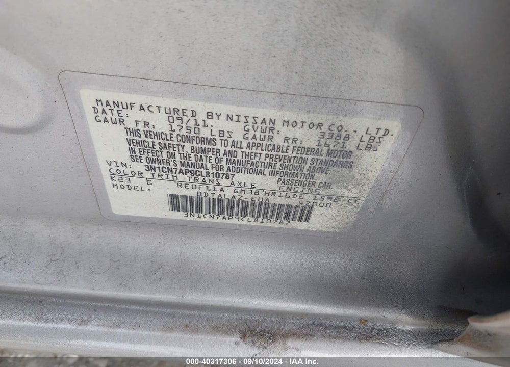2012 NISSAN VERSA 1.6 S+ VIN: 3N1CN7AP9CL810787