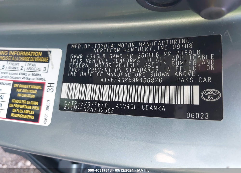 2009 TOYOTA CAMRY LE VIN: 4T4BE46KX9R106876