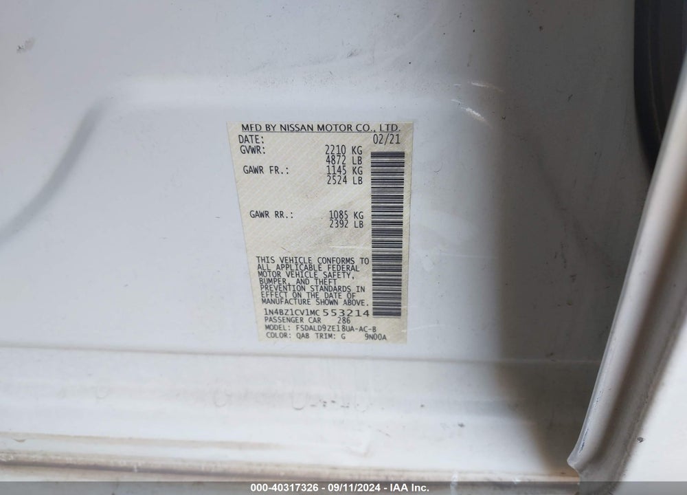 2021 NISSAN LEAF SV PLUS 62 KWH VIN: 1N4BZ1CV1MC553214