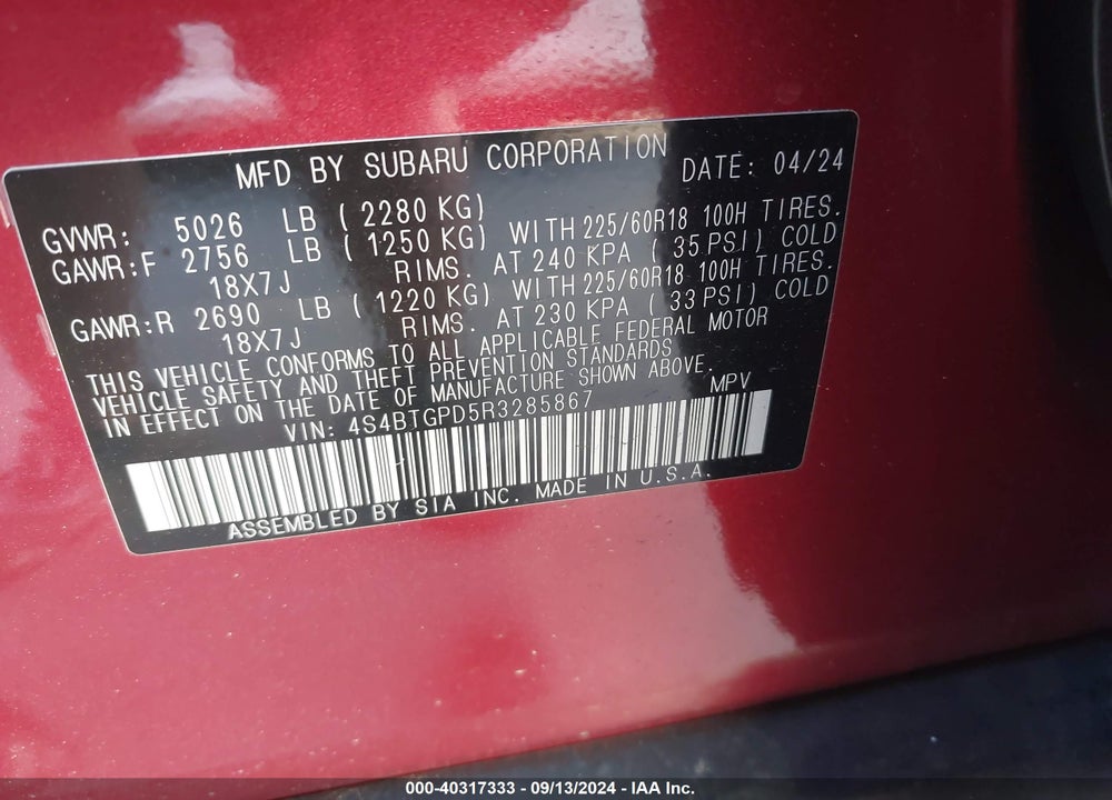 2024 SUBARU OUTBACK TOURING XT VIN: 4S4BTGPD5R3285867