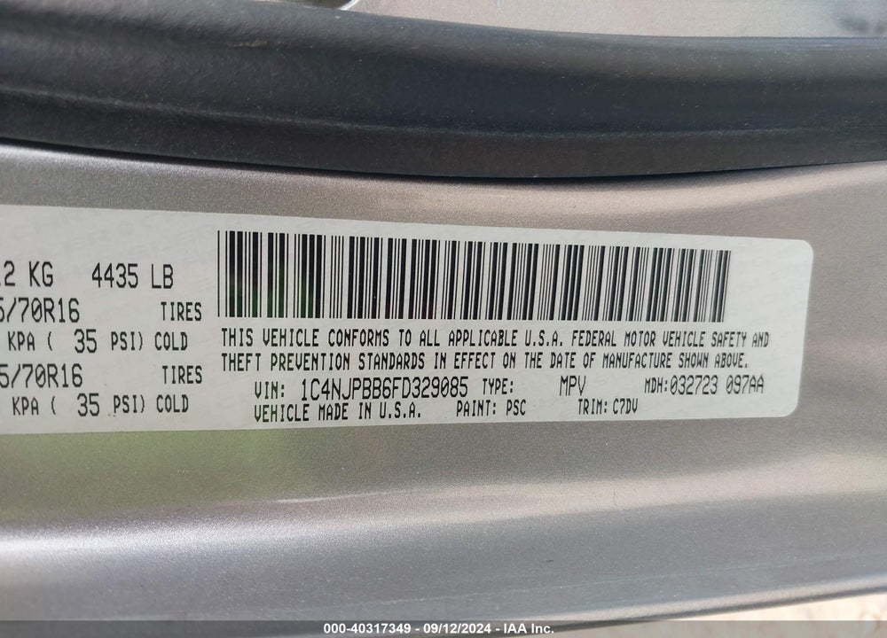 2015 JEEP PATRIOT SPORT VIN: 1C4NJPBB6FD329085