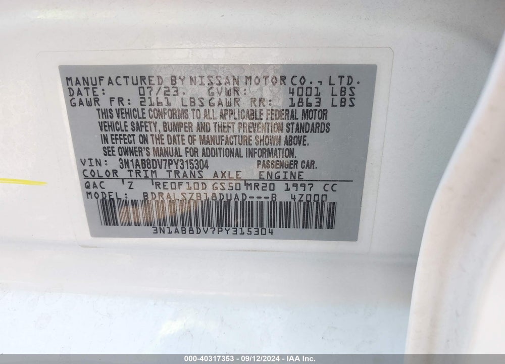 2023 NISSAN SENTRA SR XTRONIC CVT VIN: 3N1AB8DV7PY315304