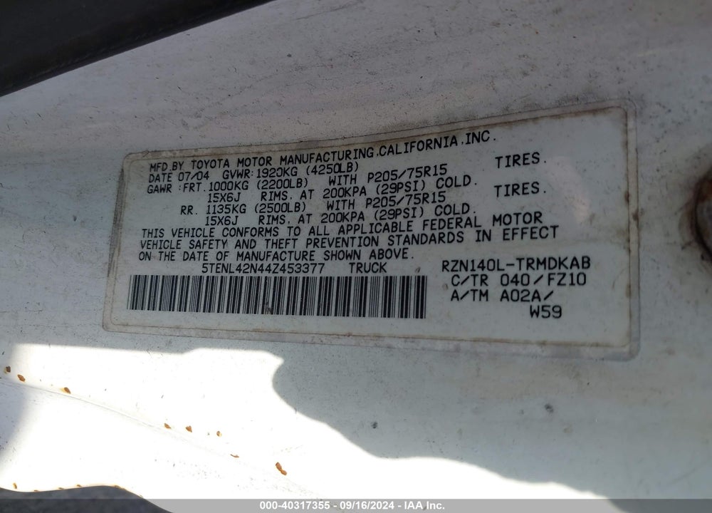 2004 TOYOTA TACOMA VIN: 5TENL42N44Z453377