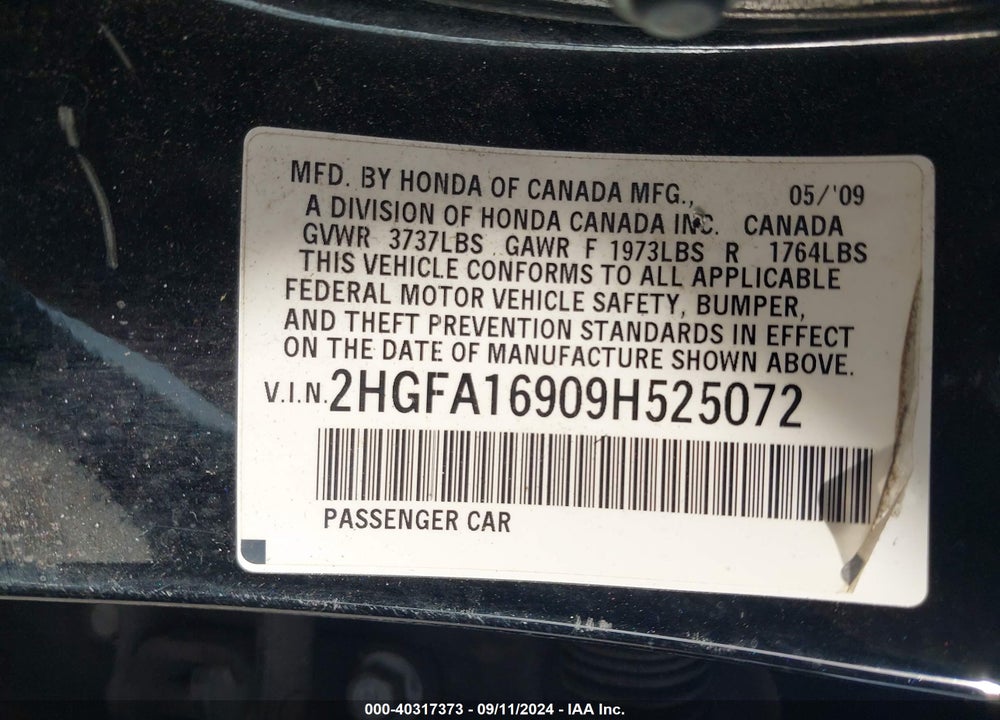 2009 HONDA CIVIC EX-L VIN: 2HGFA16909H525072