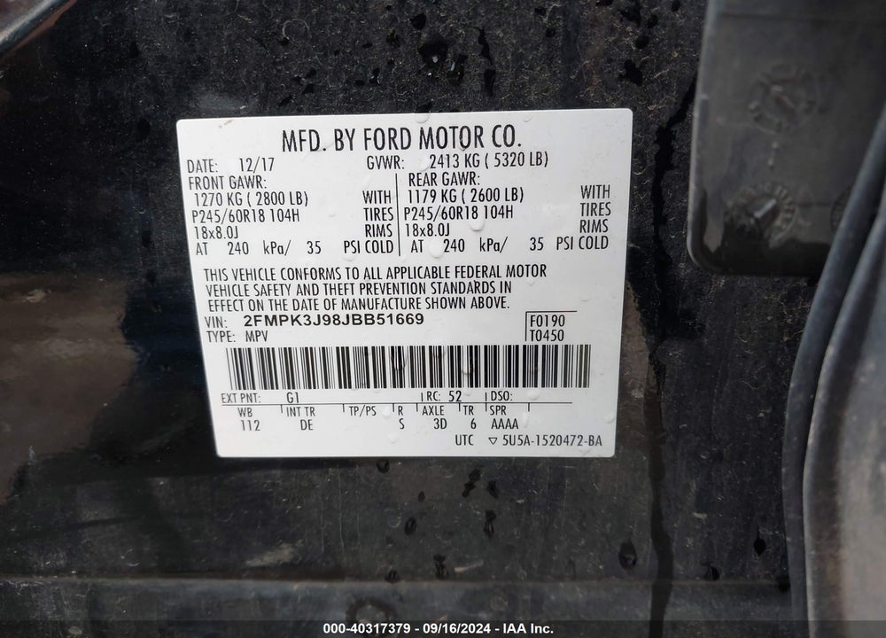 2018 FORD EDGE SEL VIN: 2FMPK3J98JBB51669