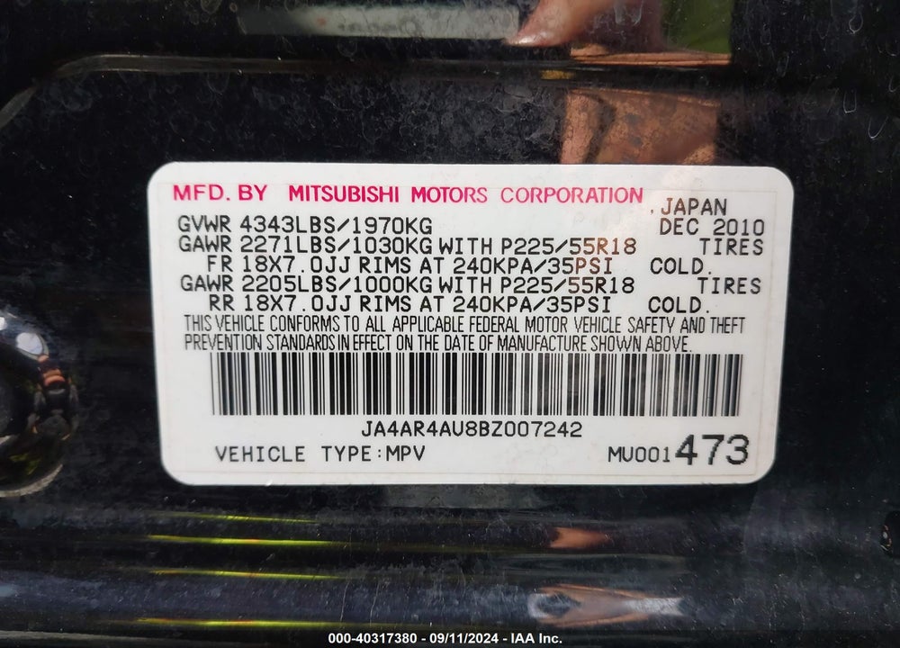 2011 MITSUBISHI OUTLANDER SPORT SE VIN: JA4AR4AU8BZ007242