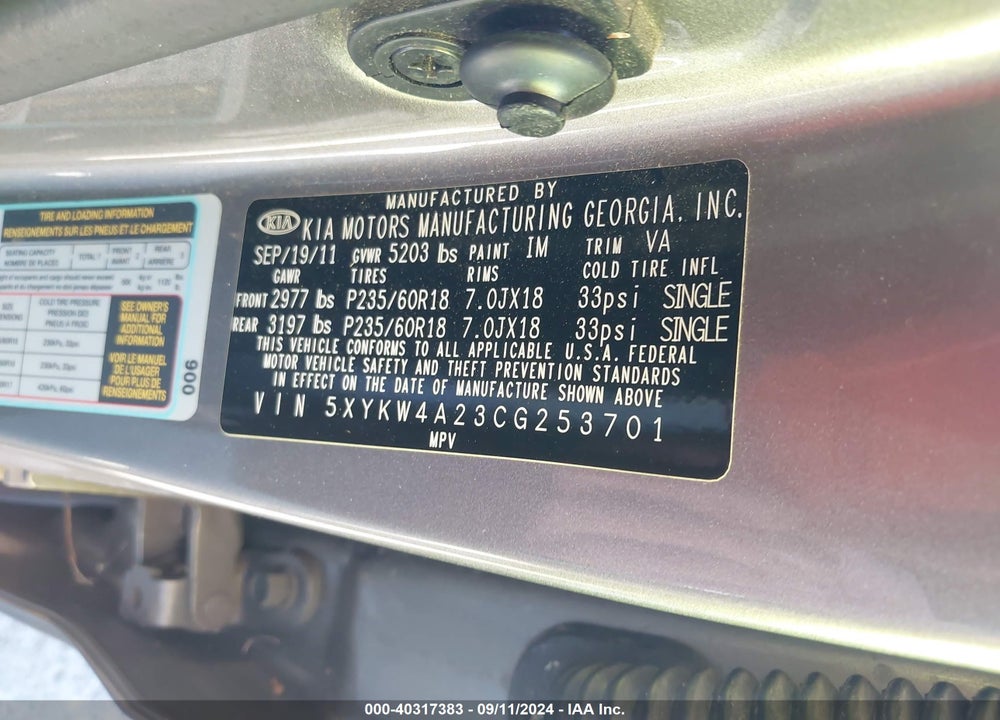 2012 KIA SORENTO SX V6 VIN: 5XYKW4A23CG253701