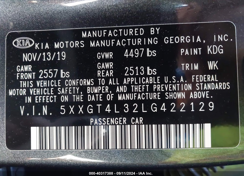 2020 KIA OPTIMA LX VIN: 5XXGT4L32LG422129