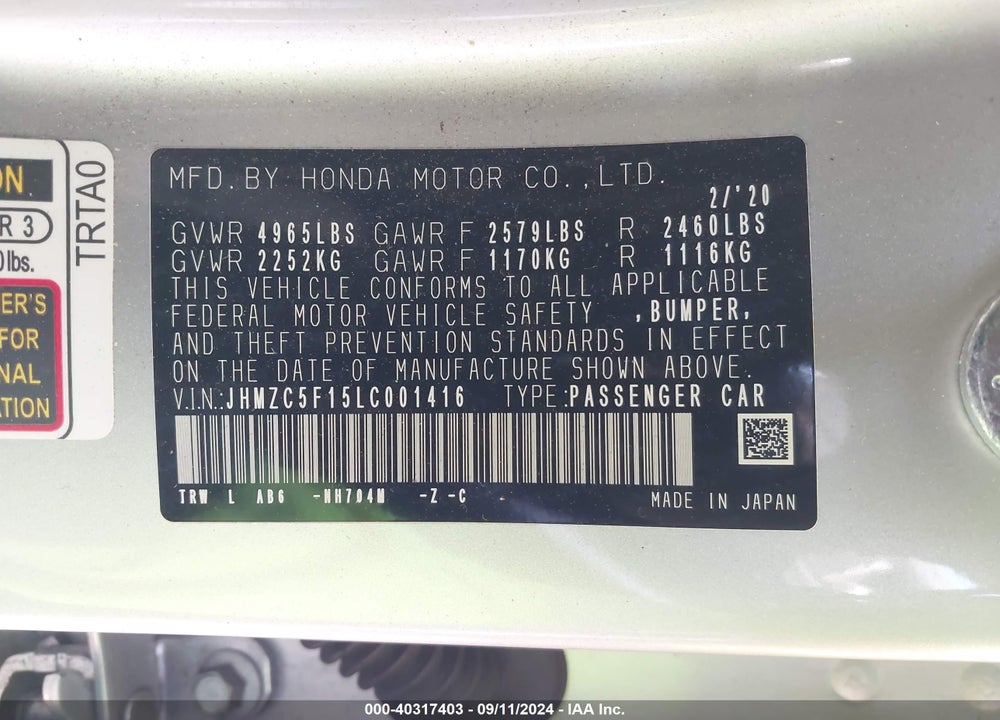 2020 HONDA CLARITY PLUG-IN HYBRID VIN: JHMZC5F15LC001416