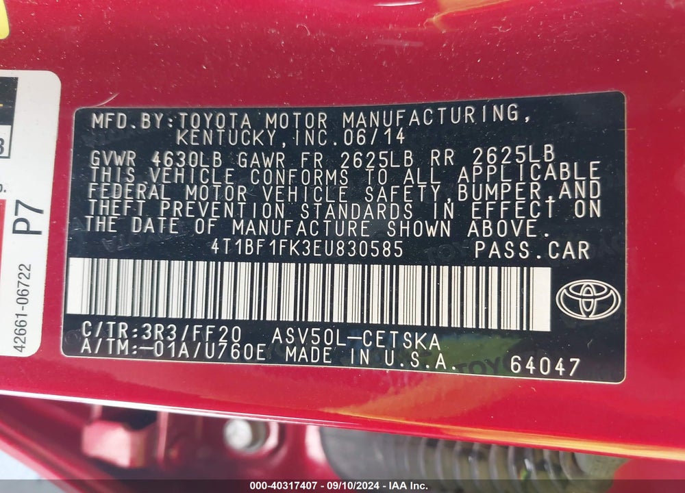 2014 TOYOTA CAMRY SE VIN: 4T1BF1FK3EU830585