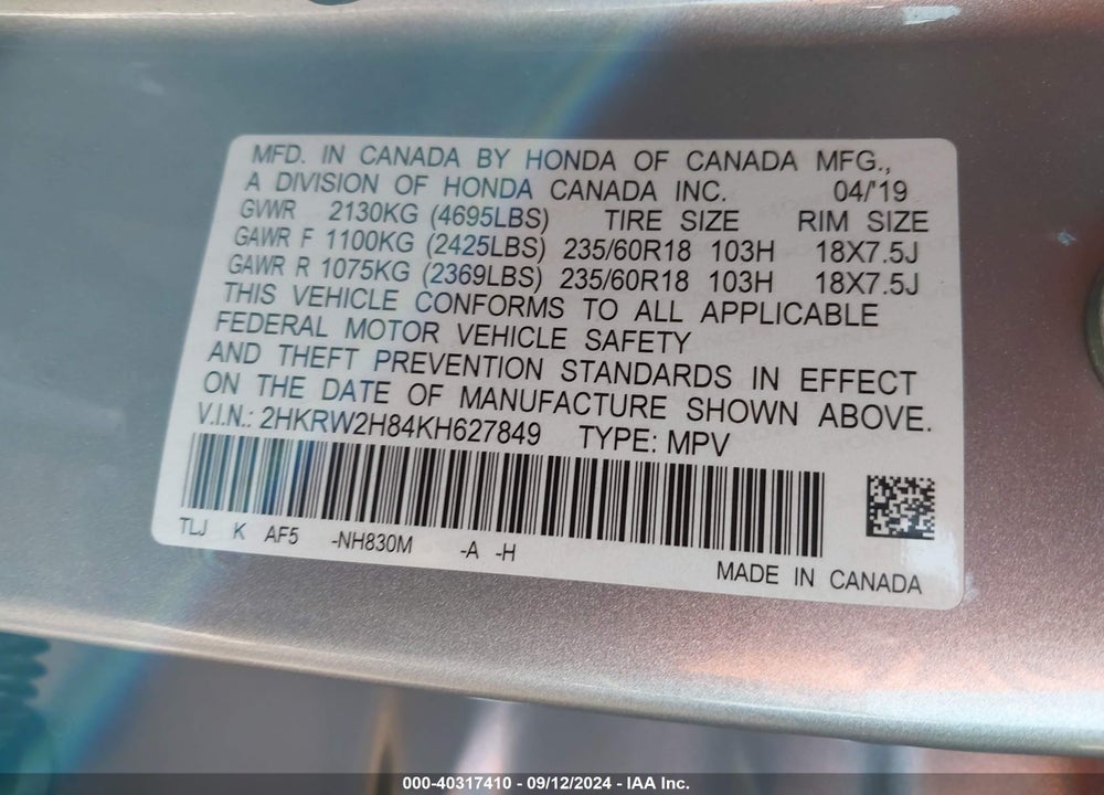 2019 HONDA CR-V EX-L VIN: 2HKRW2H84KH627849