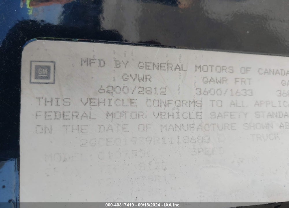 1994 CHEVROLET GMT-400 C1500 VIN: 2GCEC19Z9R1118683