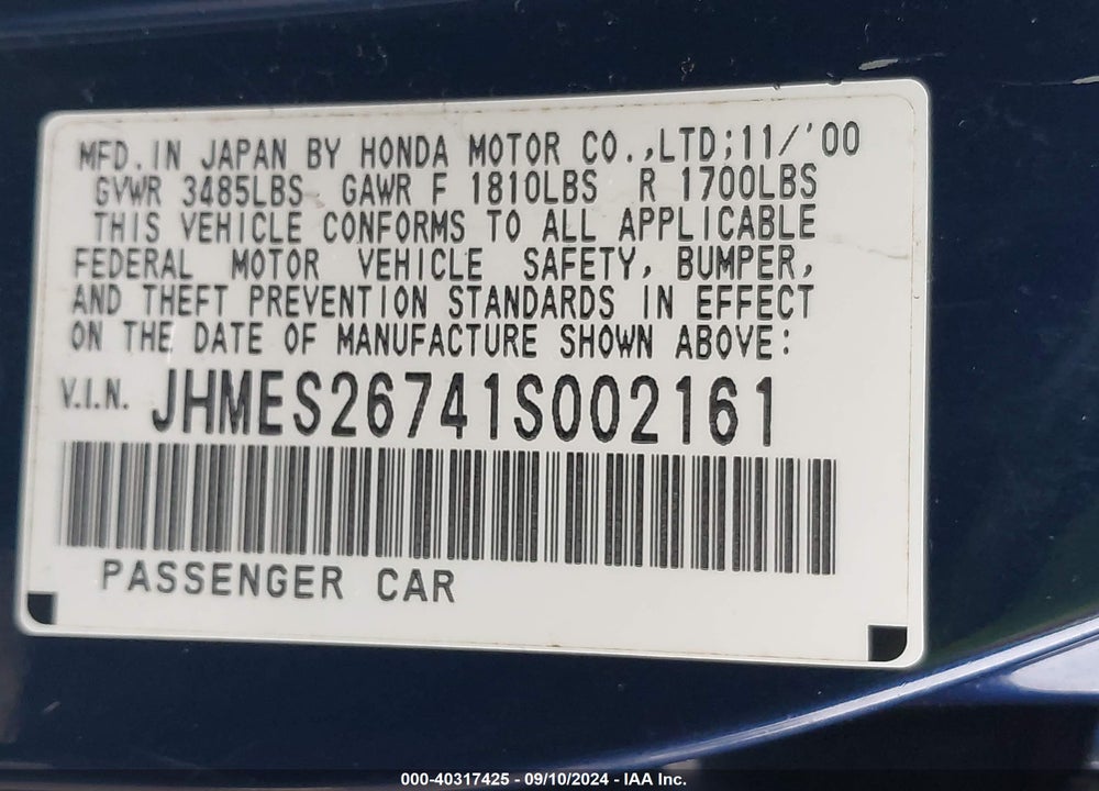 2001 HONDA CIVIC EX VIN: JHMES26741S002161