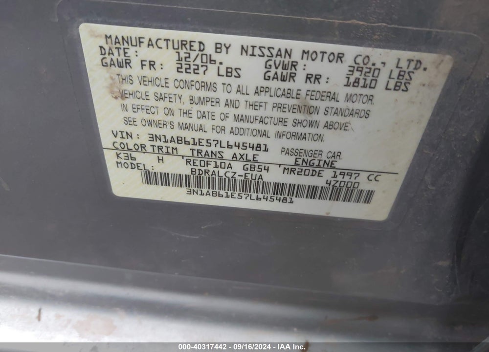 2007 NISSAN SENTRA 2.0 VIN: 3N1AB61E57L645481