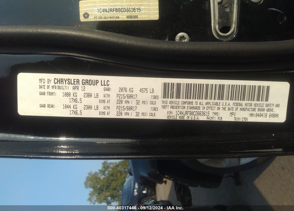 2012 JEEP PATRIOT LATITUDE VIN: 1C4NJRFB0CD663615