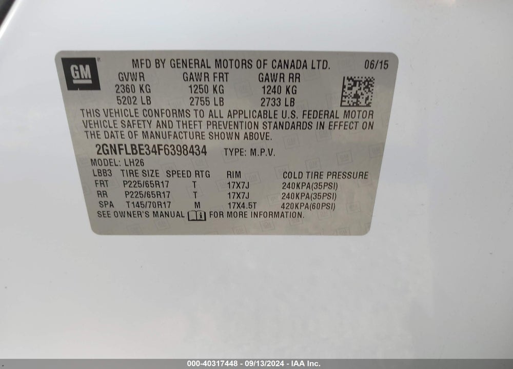 2015 CHEVROLET EQUINOX 1LT VIN: 2GNFLBE34F6398434