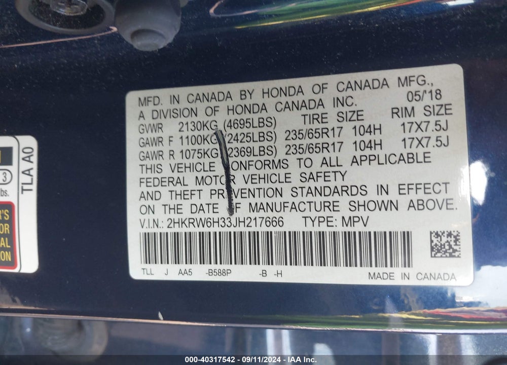 2018 HONDA CR-V LX VIN: 2HKRW6H33JH217666