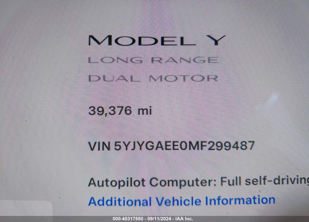 2021 TESLA MODEL Y LONG RANGE DUAL MOTOR ALL-WHEEL DRIVE VIN: 5YJYGAEE0MF299487