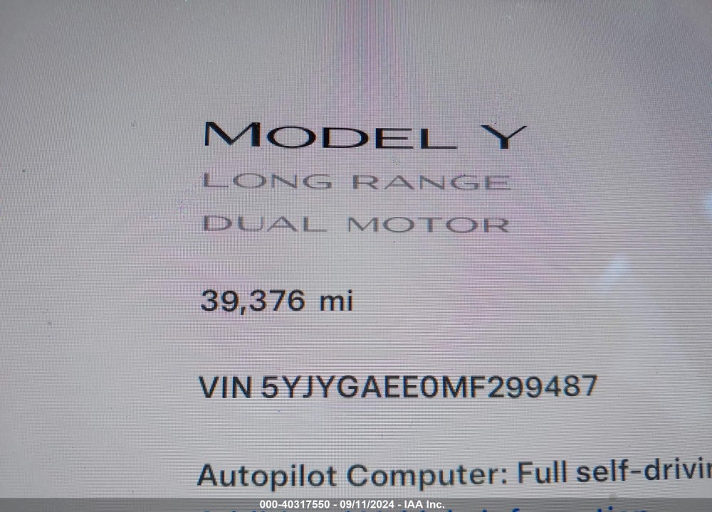 2021 TESLA MODEL Y LONG RANGE DUAL MOTOR ALL-WHEEL DRIVE VIN: 5YJYGAEE0MF299487