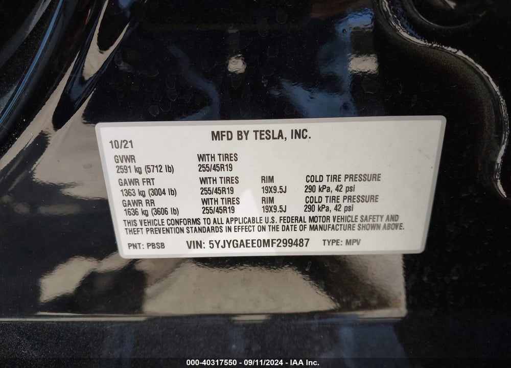 2021 TESLA MODEL Y LONG RANGE DUAL MOTOR ALL-WHEEL DRIVE VIN: 5YJYGAEE0MF299487