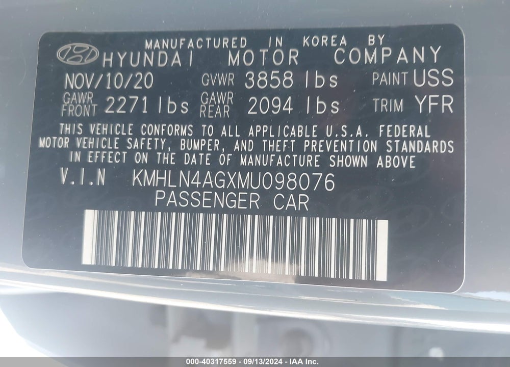 2021 HYUNDAI ELANTRA SEL VIN: KMHLN4AGXMU098076