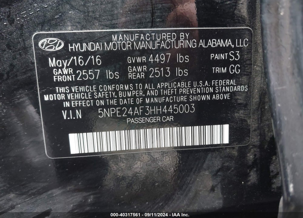 2017 HYUNDAI SONATA SE VIN: 5NPE24AF3HH445003