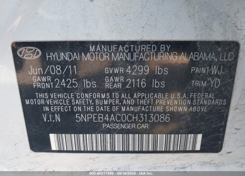 2012 HYUNDAI SONATA GLS VIN: 5NPEB4AC0CH313086