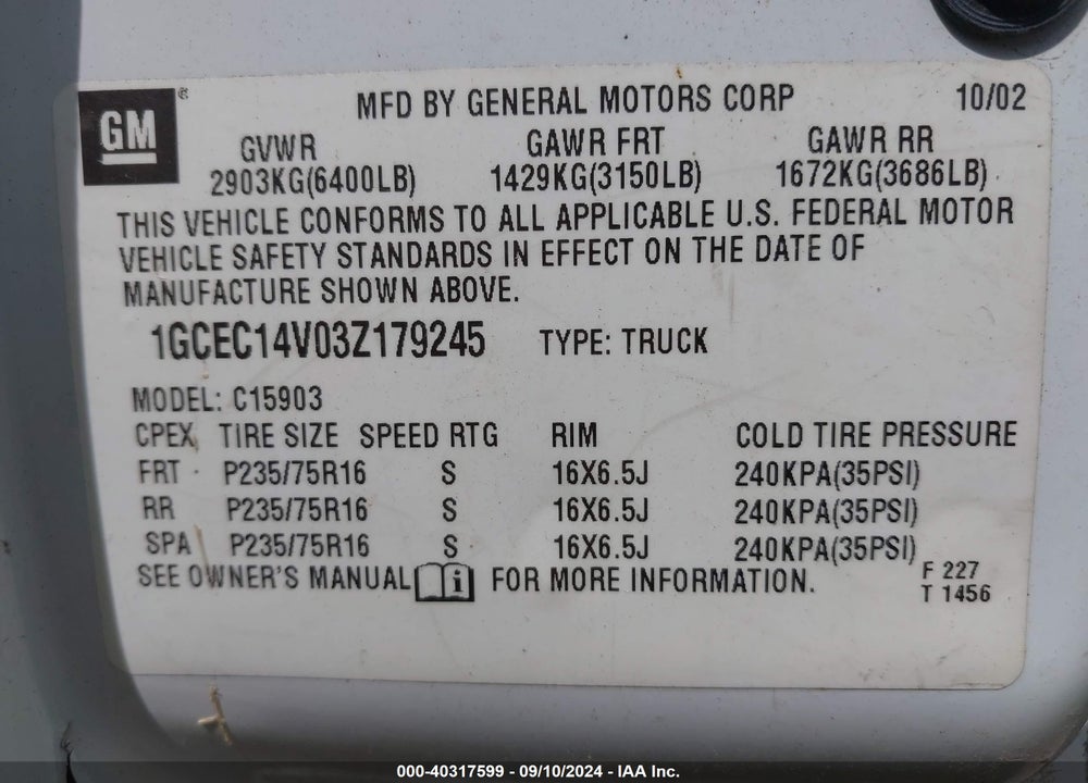 2003 CHEVROLET SILVERADO 1500 WORK TRUCK VIN: 1GCEC14V03Z179245
